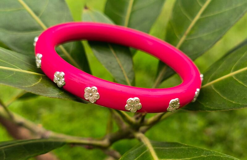 Silver Flower Pink Pola Bangle ( One Piece )