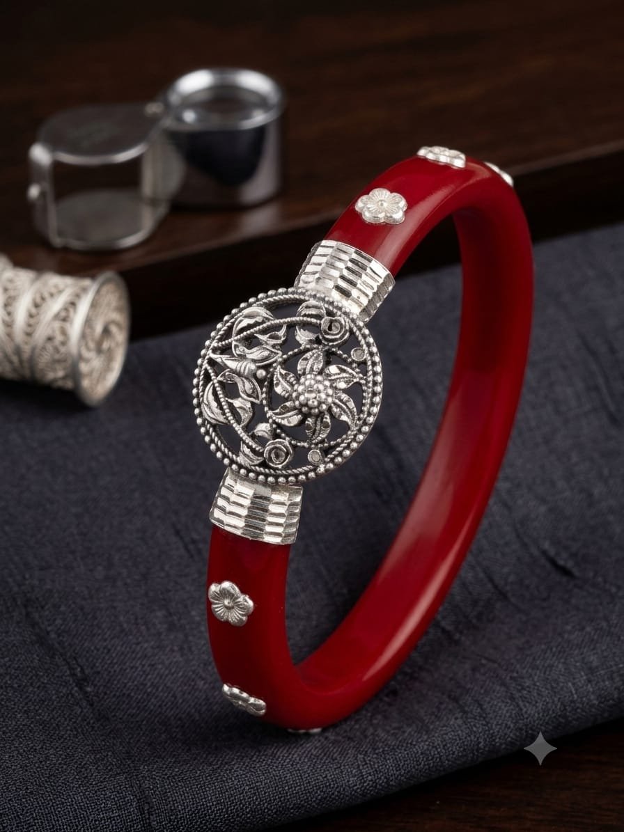 Crimson Floral Filigree Medallion Bangle | 92.5 Pure Sterling Silver