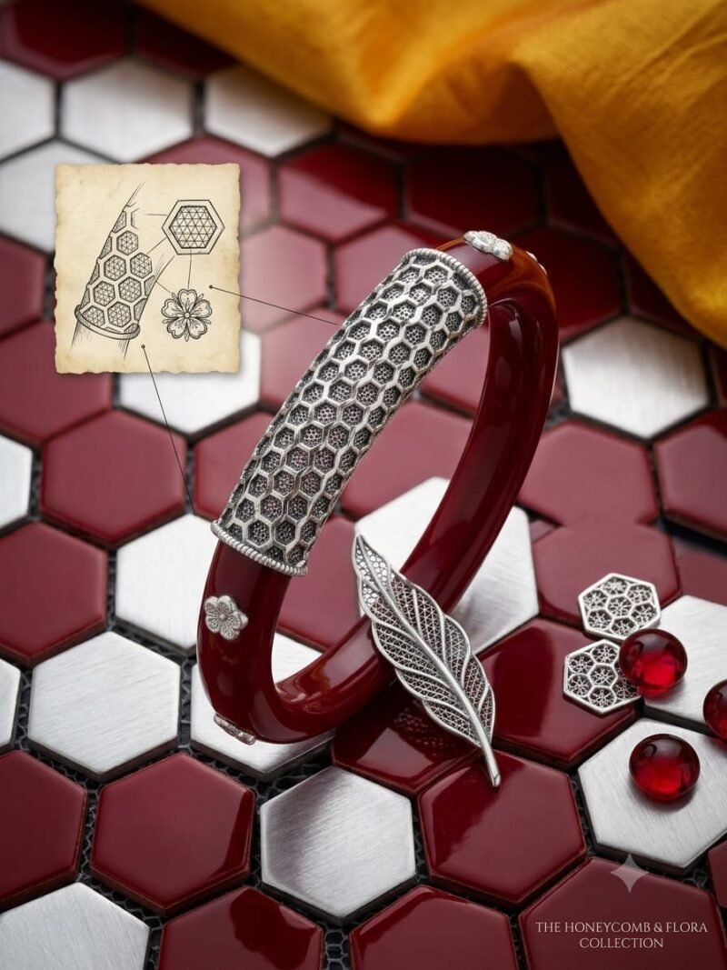 Honeycomb Red Statement Bangle | 92.5 Pure Sterling Silver
