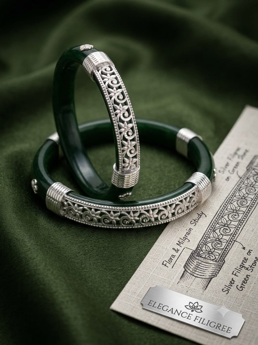 Emerald Green Scrollwork Bangle | 92.5 Pure Sterling Silver