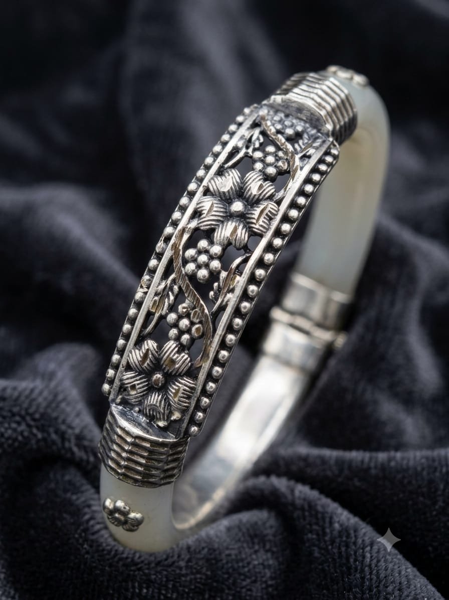 Antique Bloom Floral Bangle | 92.5 Pure Sterling Silver