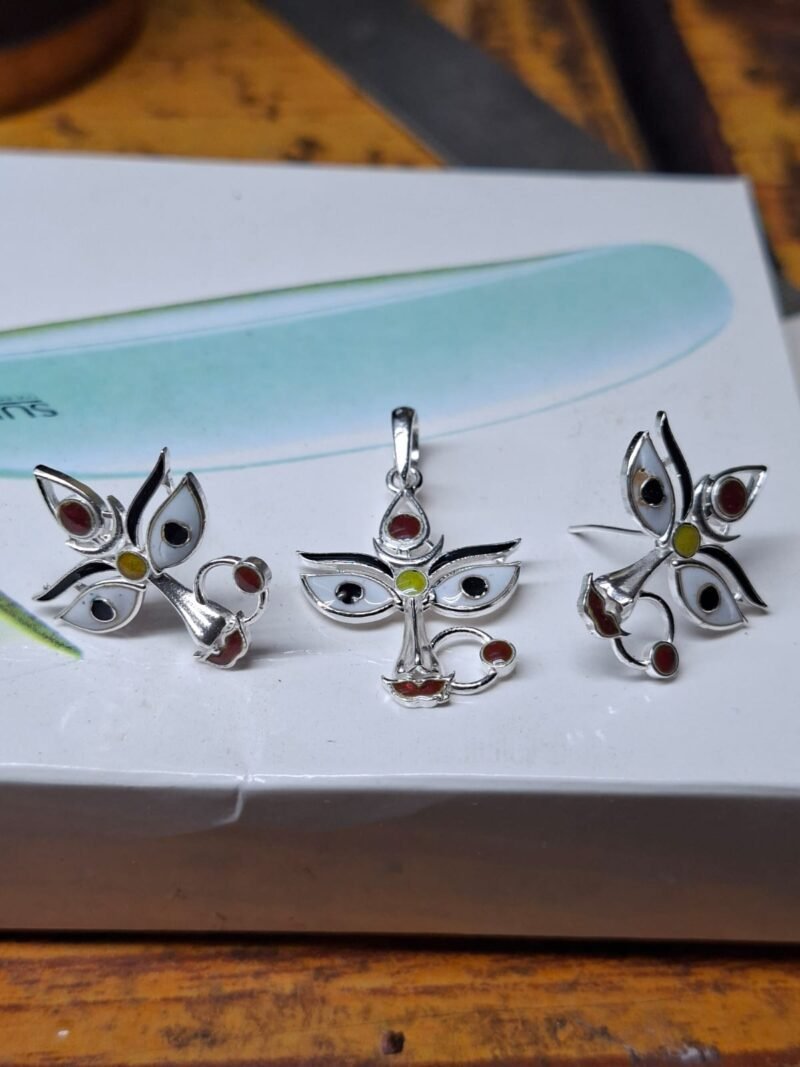 Trinetra Devi Pendant and Earrings Set | 92.5 Pure Sterling Silver
