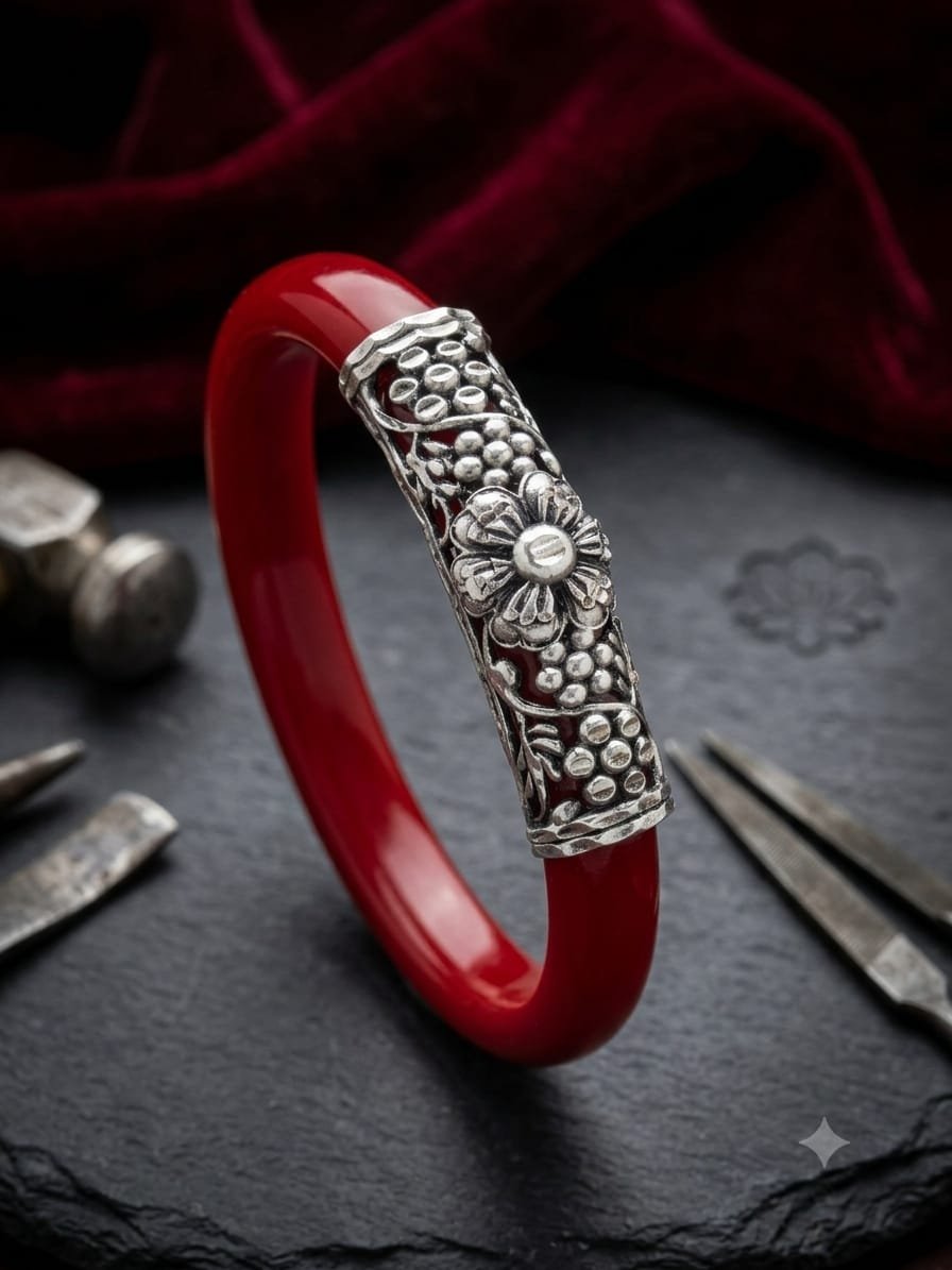 Ruby Red Floral Accent Bangle | 92.5 Pure Sterling Silver