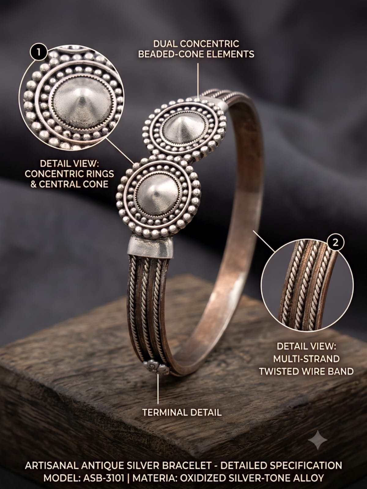 Twin Medallion Textured Bracelet | 92.5 Pure Sterling Silver