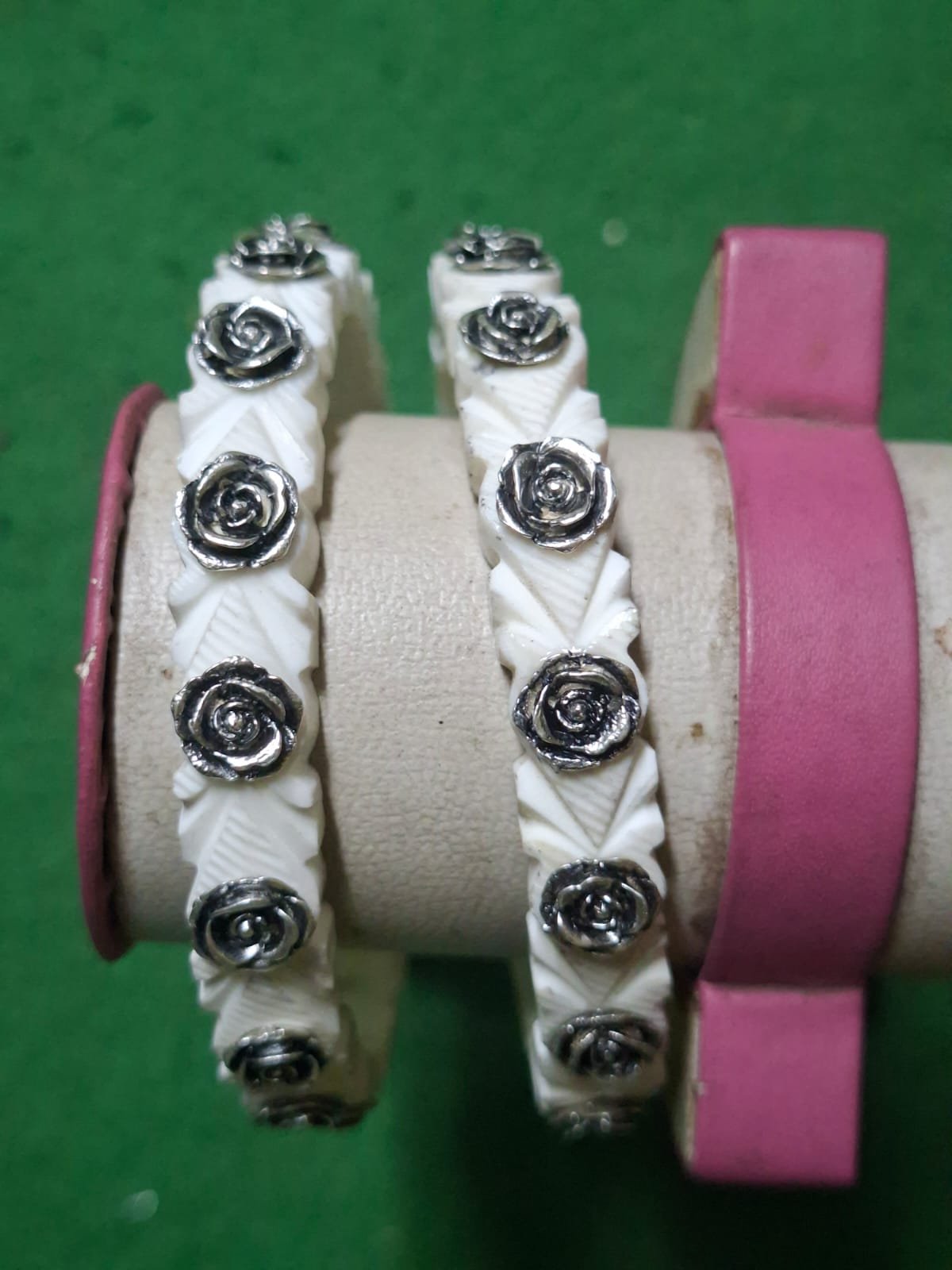 Rose Motif Textured Bangles — Pair | 92.5 Pure Sterling Silver