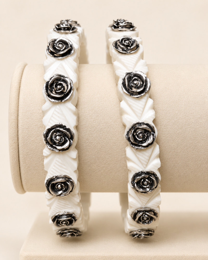 Rose Motif Textured Bangles — Pair | 92.5 Pure Sterling Silver